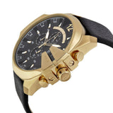 Diesel Mega Chief Gold & Black Dial Black Leather Strap Watch For Men - DZ4344