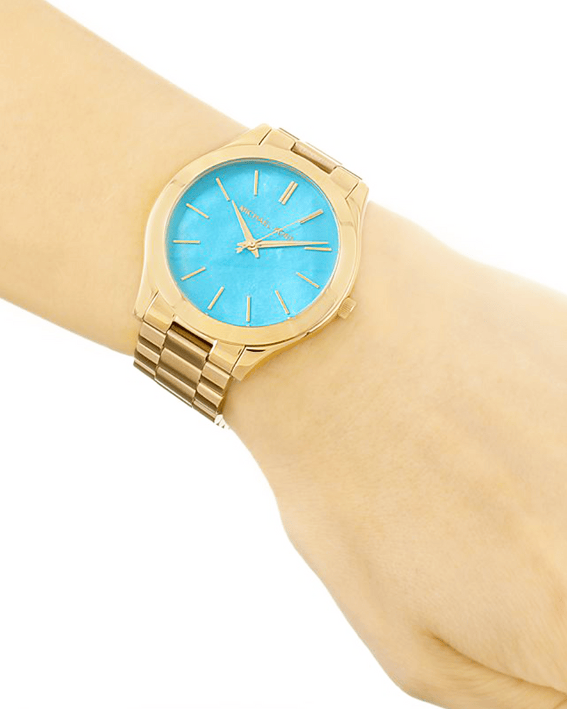 Michael Kors Slim Runway Blue Mother of Pearl Dial Gold Steel Strap Watch for Women - MK3492