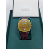 Gucci Grip Quartz Yellow Gold Dial Maroon Leather Strap Watch For Women - YA157405