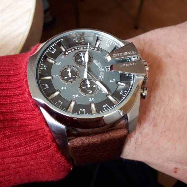 Diesel Mega Chief Chronograph Black Dial Brown Leather Strap Watch For Men - DZ4290