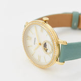 Fossil Jacqueline Analog Moonphase Mother of Pearl White Dial Green Leather Strap Watch for Women - ES5168