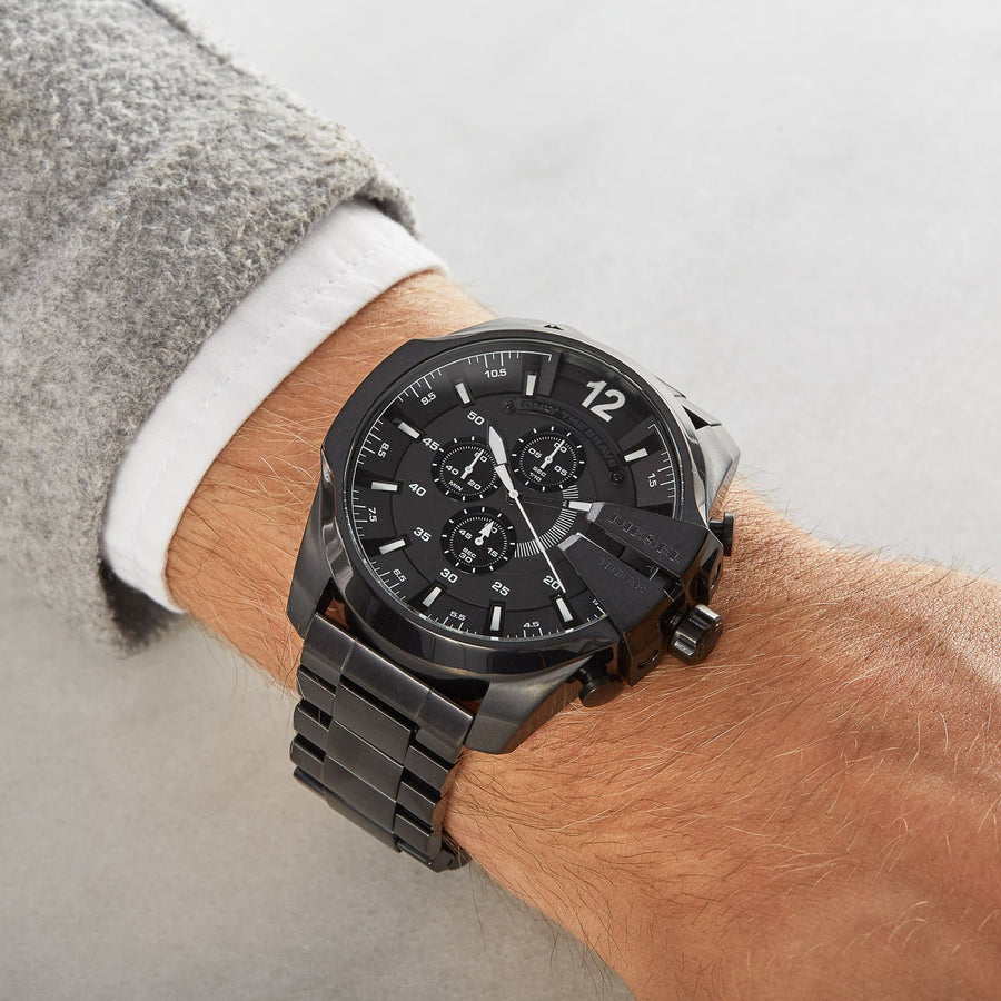 Diesel Mega Chief Chronograph Black Dial Black Steel Strap Watch For Men - DZ4283