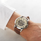 Fossil Grant Automatic Beige Skeleton Dial Brown Leather Strap Watch for Men - ME3099