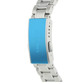Silver watch clasp with blue center.