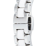 Close-up of a white and silver watch band.