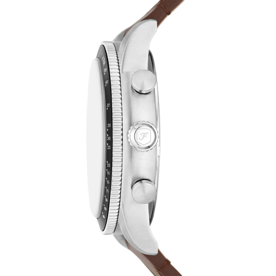 Fossil Sport Tourer Chronograph White Dial Brown Leather Strap Watch for Men - FS6042
