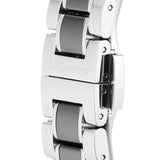 Silver and gray watch band detail with TAG Heuer logo.