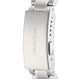 Silver watch clasp with TAGHeuer text.