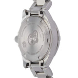 Back of a silver wristwatch with text.