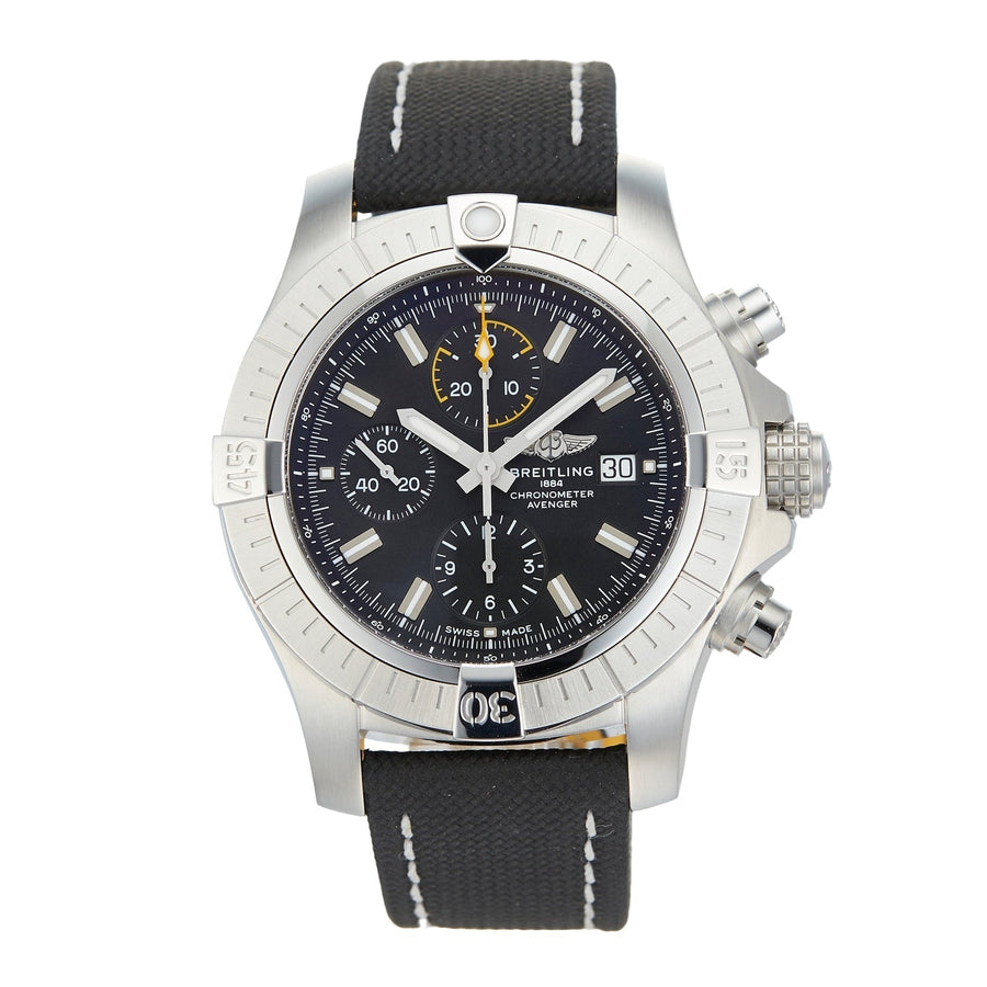 Breitling Avenger Chronograph 45mm Black Dial Black Leather Strap Watch for Men - A13317101B1X1