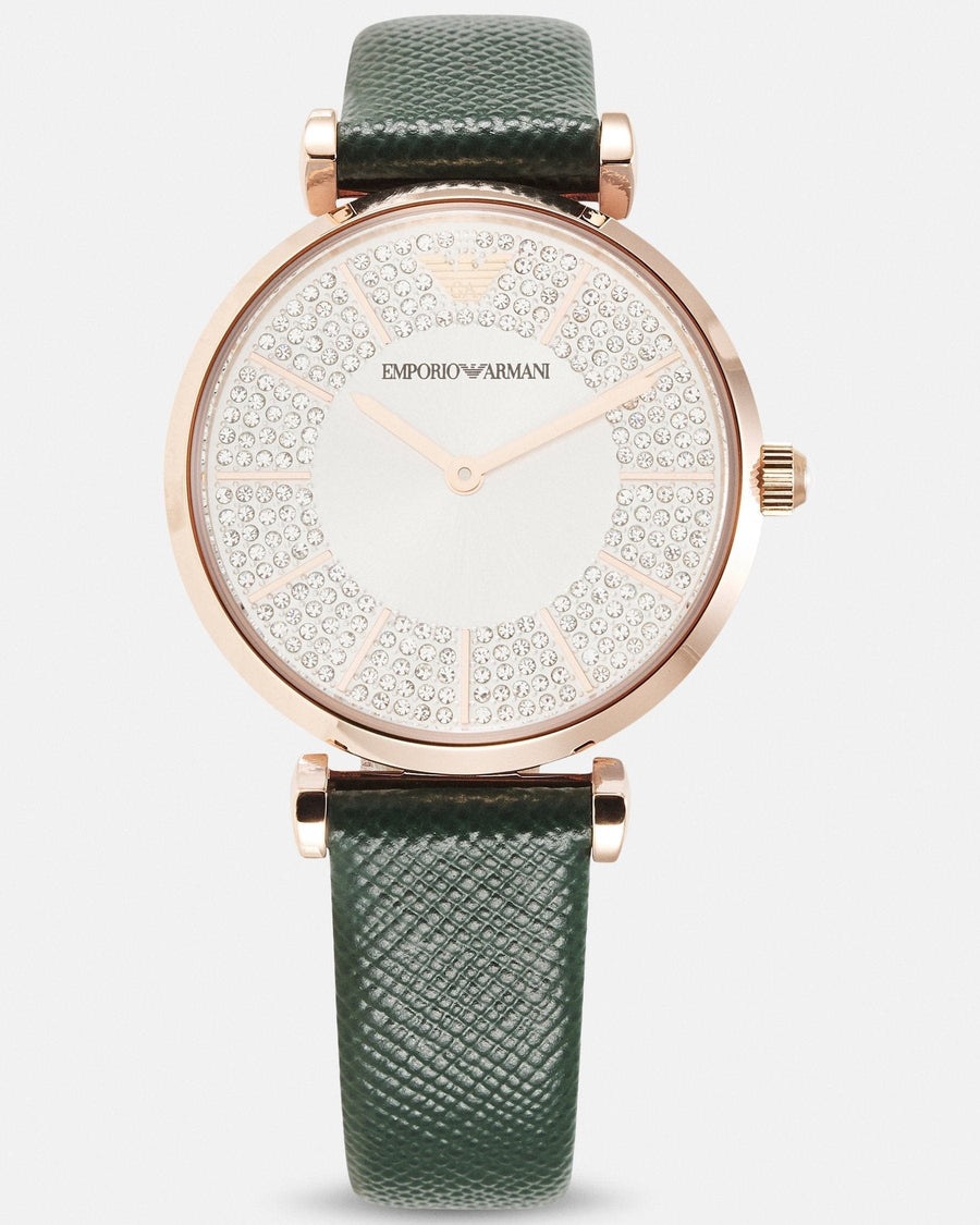 Emporio Armani Pro Planet Analog Silver Dial Green Leather Strap Watch For Women - AR11517