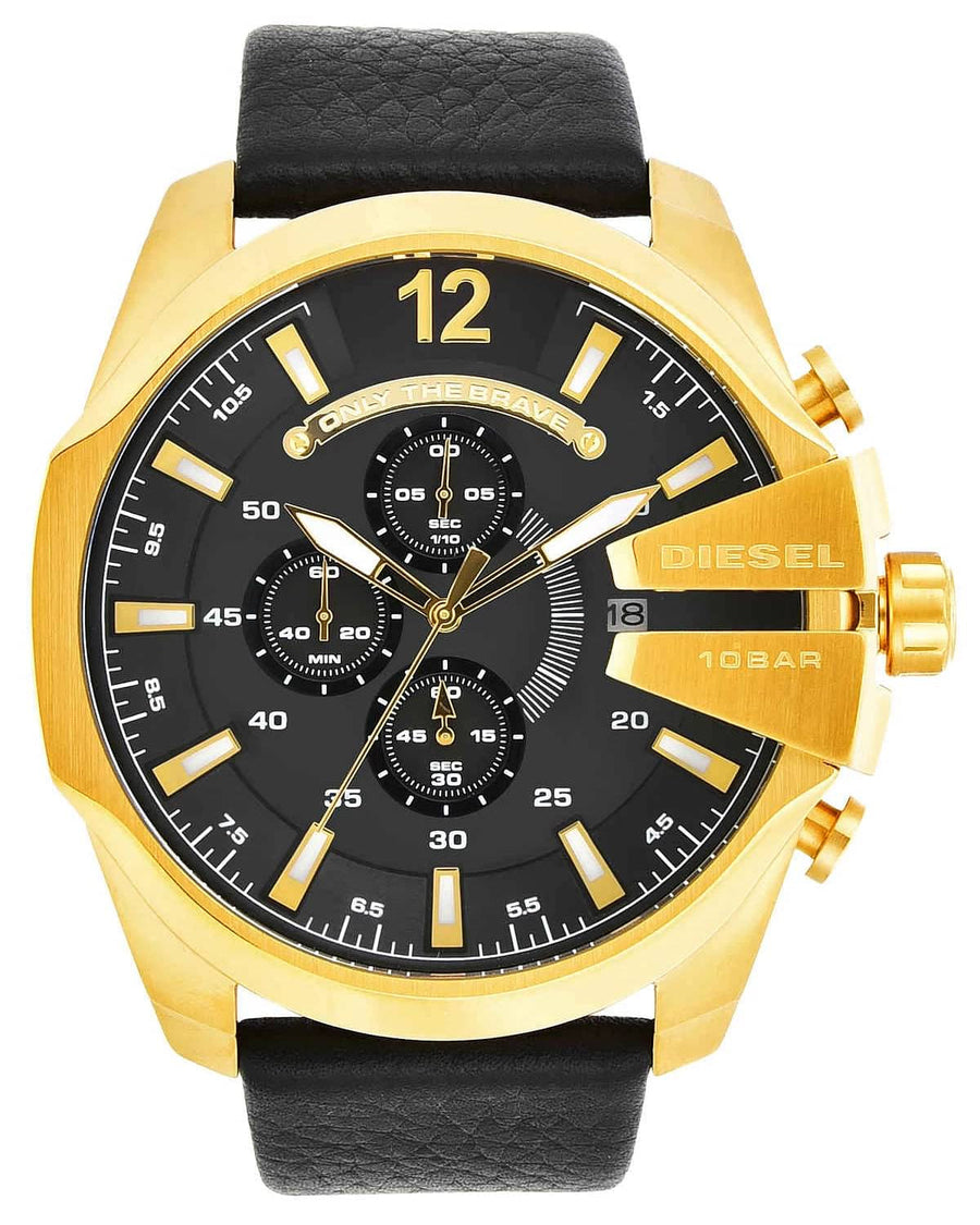 Diesel Mega Chief Chronograph Black Dial Black Leather Strap Watch For Men - DZ4344