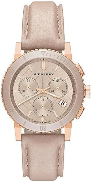 Burberry The City Chronograph Rose Gold Dial Beige Leather Strap Watch For Women - BU9702