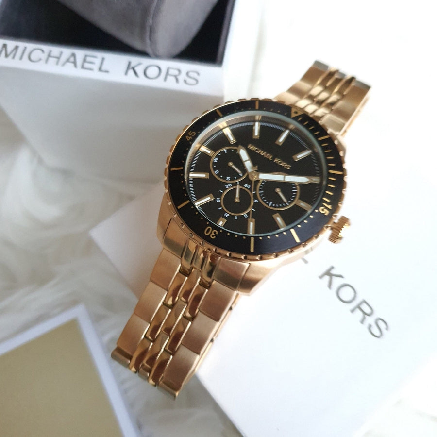 Michael Kors Cunningham Multifunction Black Dial Gold Steel Strap Watch For Men - MK7154