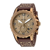 Fossil Nate Chronograph Gold Dial Brown Leather Strap Watch for Men - JR1495