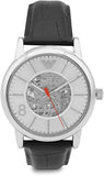 Emporio Armani Meccanico Silver Skeleton Dial Black Leather Watch For Men - AR1997