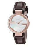 Gucci G Interlocking Mother of Pearl Dial Brown Leather Strap Watch For Women - YA133516