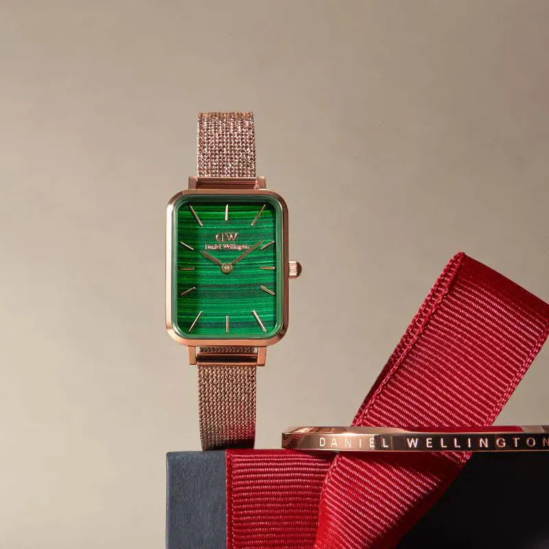 Daniel Wellington Quadro Melrose Green Dial Rose Gold Mesh Strap Watch For Women - DW00100437