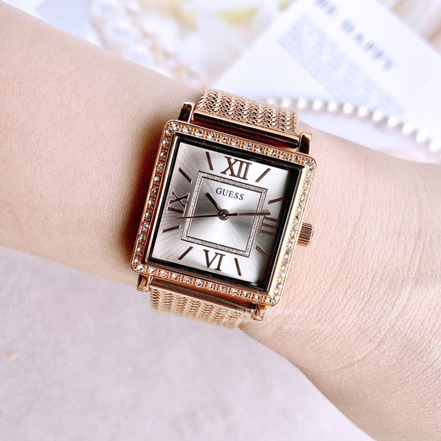 Guess Highline Off White Dial Rose Gold Stainless Steel Mesh Strap Watch For Women - W0826L3