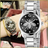 Gucci G Timeless Quartz Diamonds Black Dial Silver Steel Strap Watch For Women - YA1265024