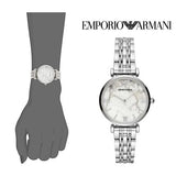 Emporio Armani Gianni T Bar White Marble Dial Silver Steel Strap Watch For Women - AR11170