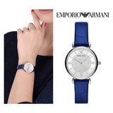 Emporio Armani Gianni T Bar Quartz Crystals Silver Dial Blue Leather Strap Watch For Women - AR11344