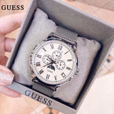 Guess Delancy White Dial Silver Mesh Bracelet Watch for Men - W0871G4