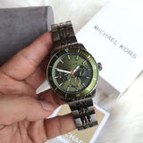 Michael Kors Cunningham Multifunction Chronograph Green Dial Grey Steel Strap Watch For Men - MK7158