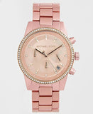 Michael Kors Ritz Chronograph Rose Gold Dial Rose Gold Steel Strap Watch For Women - MK6753