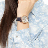 Fossil Original Boyfriend Skeleton White Dial Blue Leather Strap Watch for Women - ME3086