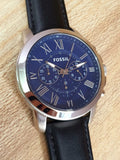 Fossil Grant Chronograph Blue Dial Black Leather Strap Watch for Men - FS4990