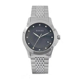 Gucci G Timeless Diamonds Black Dial Silver Steel Strap Watch For Men - YA126405