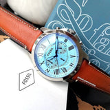 Fossil Grant Chronograph Blue Dial Brown Leather Strap Watch for Men - FS5184