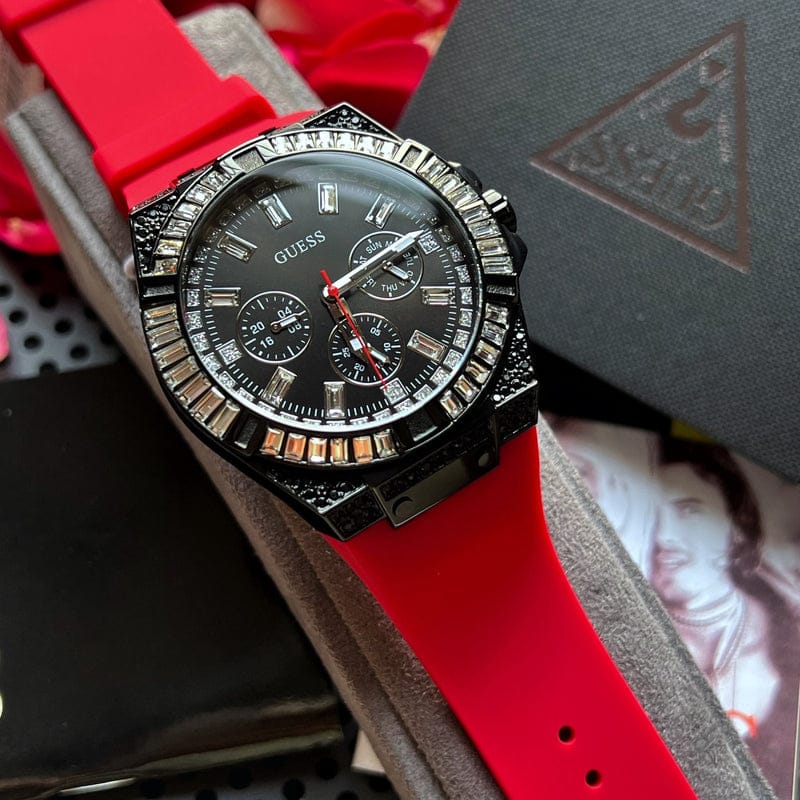 Guess Mainline Multifunction Crystals Black Dial Red Silicone Strap Watch For Men - GW0208G6