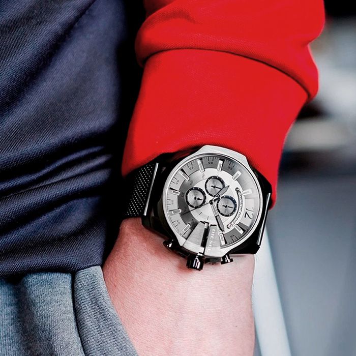 Diesel Mega Chief Chronograph Black Dial Black Mesh Strap Watch For Men - DZ4527