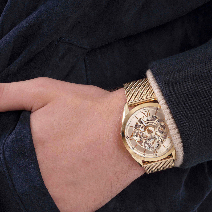 Guess Tailor Multifunction Gold Dial Gold Mesh Bracelet Watch for Men - GW0368G2