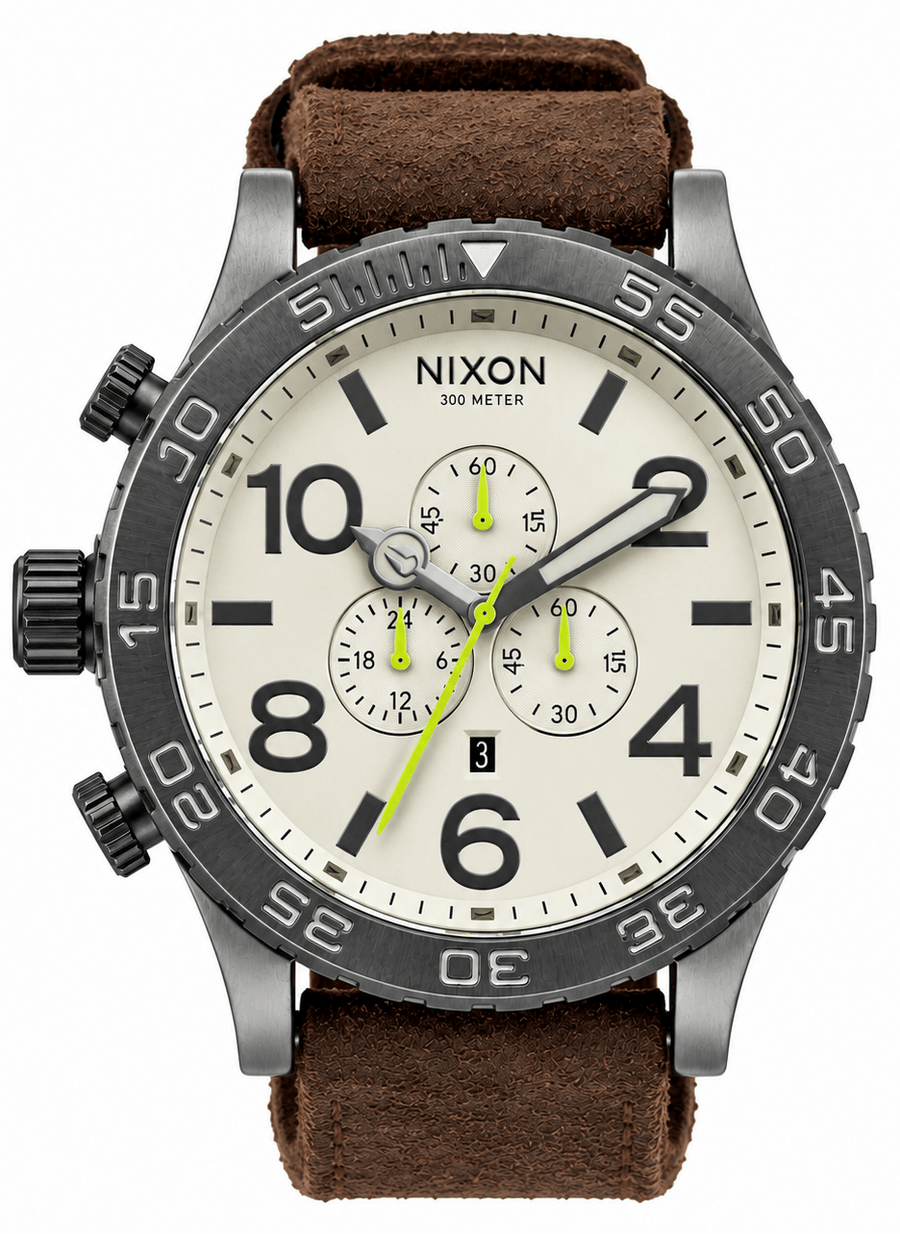 Nixon 51-30 Chronograph Beige Dial Brown Leather Strap Watch for Men - A124-1388