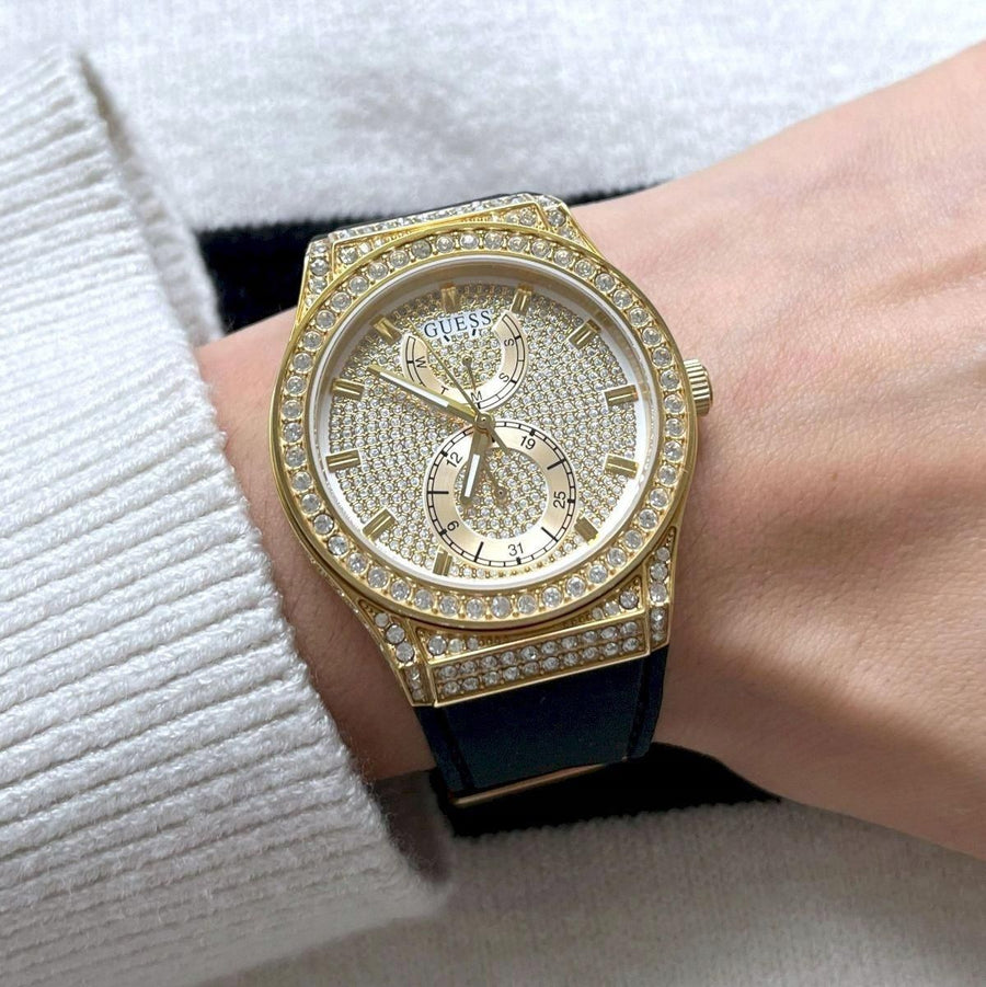 Guess Princess Crystals Gold Dial Black Silicone Strap Watch For Women - GW0439L2
