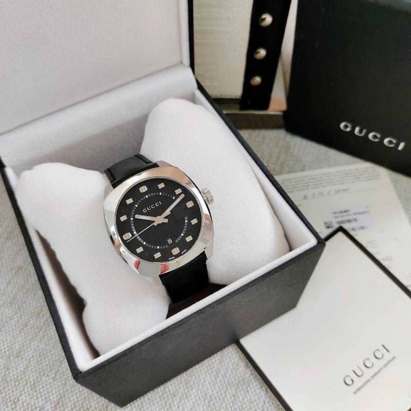 Gucci GG2570 Quartz Black Dial Black Leather Strap Watch For Men - YA142307
