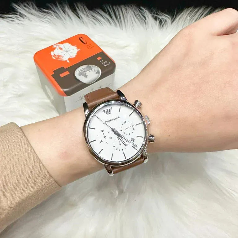 Emporio Armani Luigi Chronograph Silver Dial Brown Leather Strap Watch for Men - AR1846