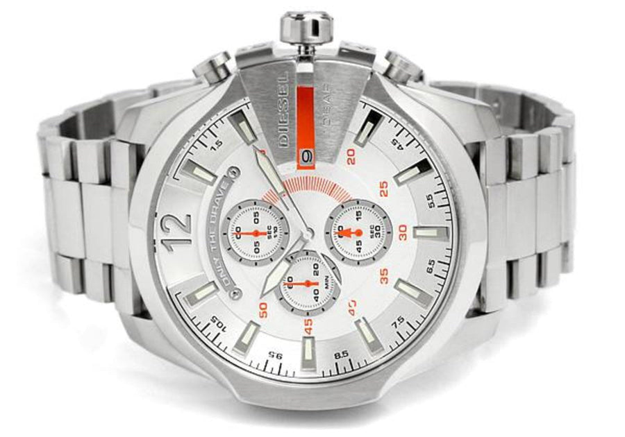 Diesel Mega Chief Chronograph White Dial Silver Steel Strap Watch For Men - DZ4328