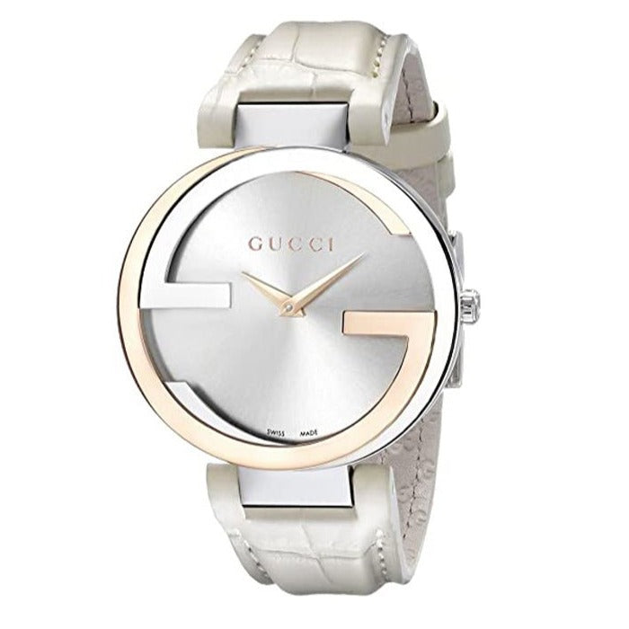 Gucci Interlocking 18K Gold Silver Dial White Leather Strap Watch For Women - YA133303