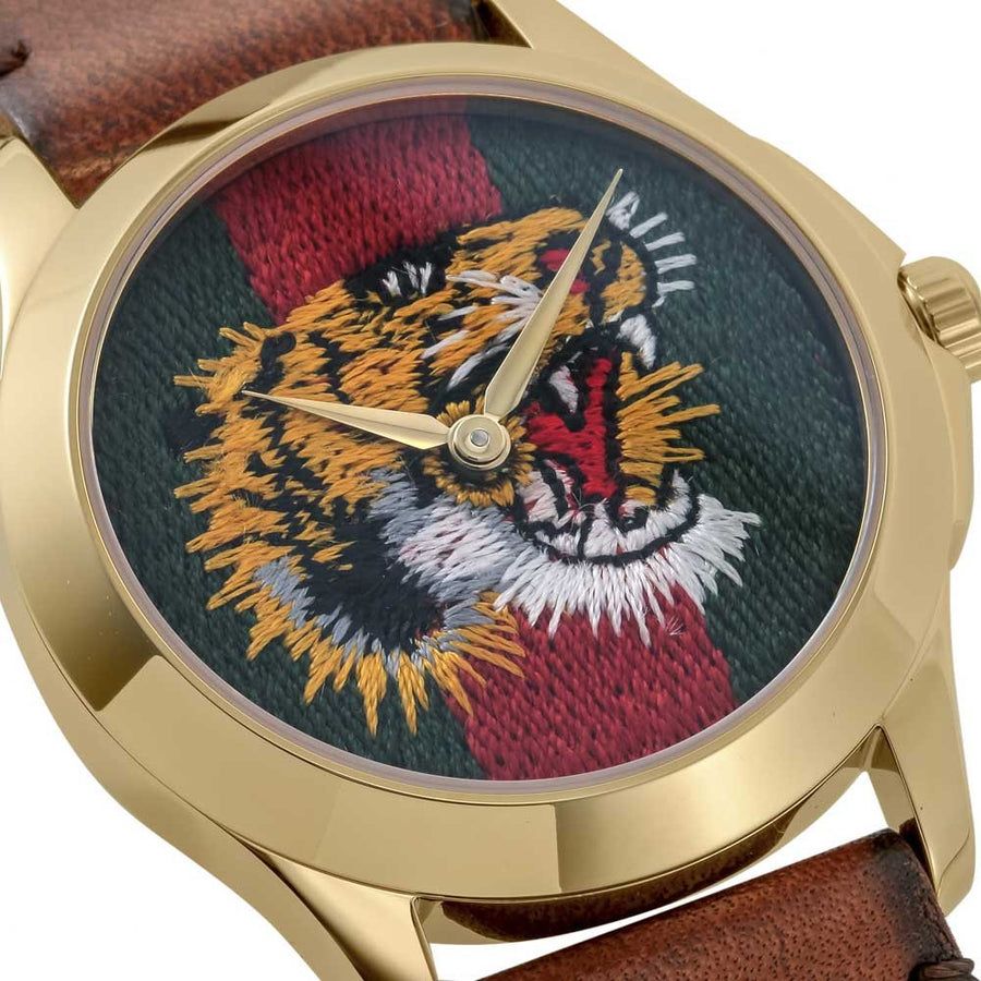 Gucci Le Marche Des Merveilles Red & Green Dial Brown Leather Strap Unisex Watch - YA126497