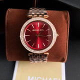 Michael Kors Darci Red DIal Rose Gold Stainless Steel Strap Watch for Women - MK3378