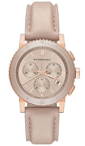 Burberry Chronograph Rose Gold Dial Beige Leather Strap Watch for Women - BU9704