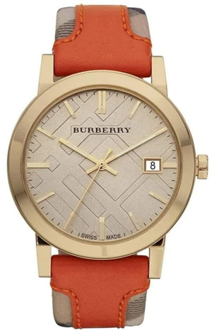 Burberry The City Gold Dial Orange Leather Strap Watch for Women - BU9016