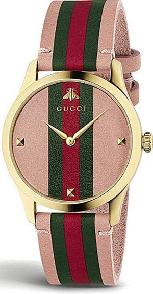 Gucci G Timeless Quartz Pink Dial Three Tone Leather Strap Watch For Women - YA1264118