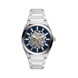 Fossil Everett Automatic Skeleton Blue Dial Silver Steel Strap Watch for Men - ME3220