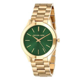 Michael Kors Slim Runway Green Dial Gold Steel Strap Watch for Women - MK3435