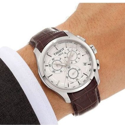 Tissot Couturier Chronograph White Dial Brown Leather Strap Watch For Men - T035.617.16.031.00